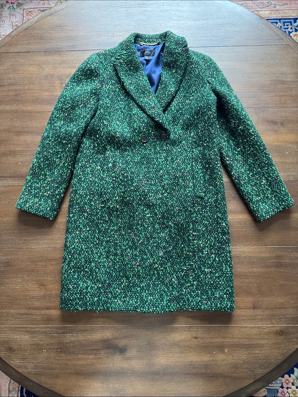 Size 6 J. Crew Green Speckled Italian Tweed Wool Blend Daphne Topcoat Jacket